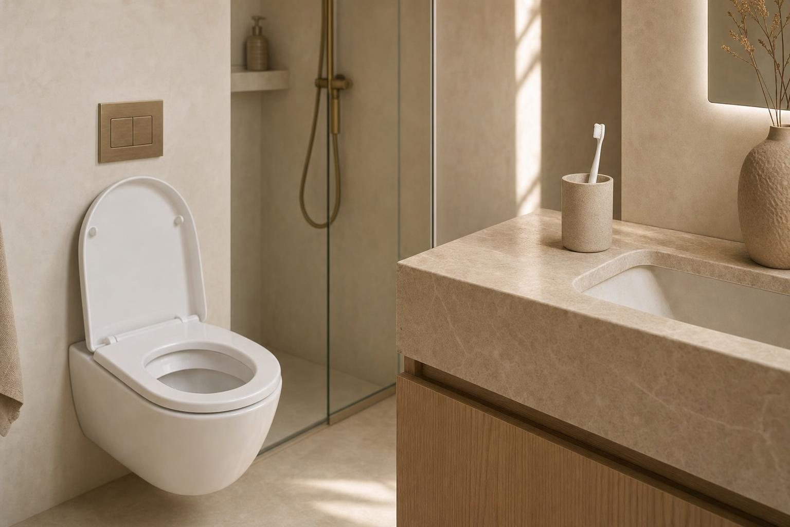 A bathroom with the toilet lid open and a toothbrush in a cup by the sink