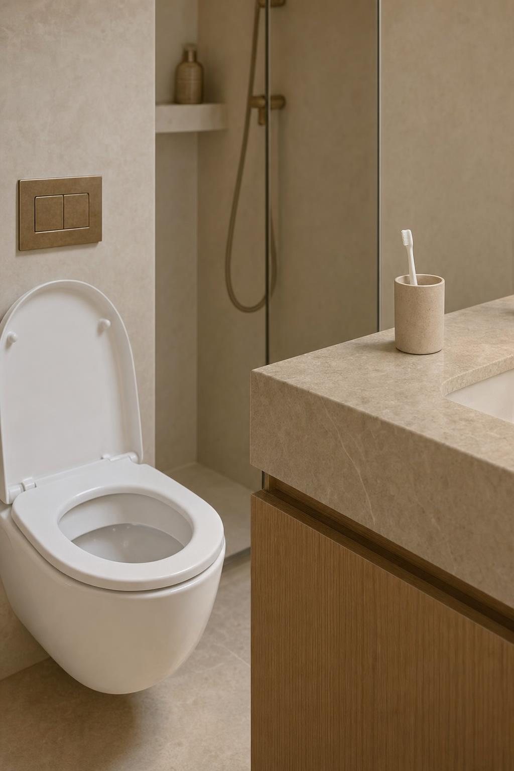 A bathroom with the toilet lid open and a toothbrush in a cup by the sink