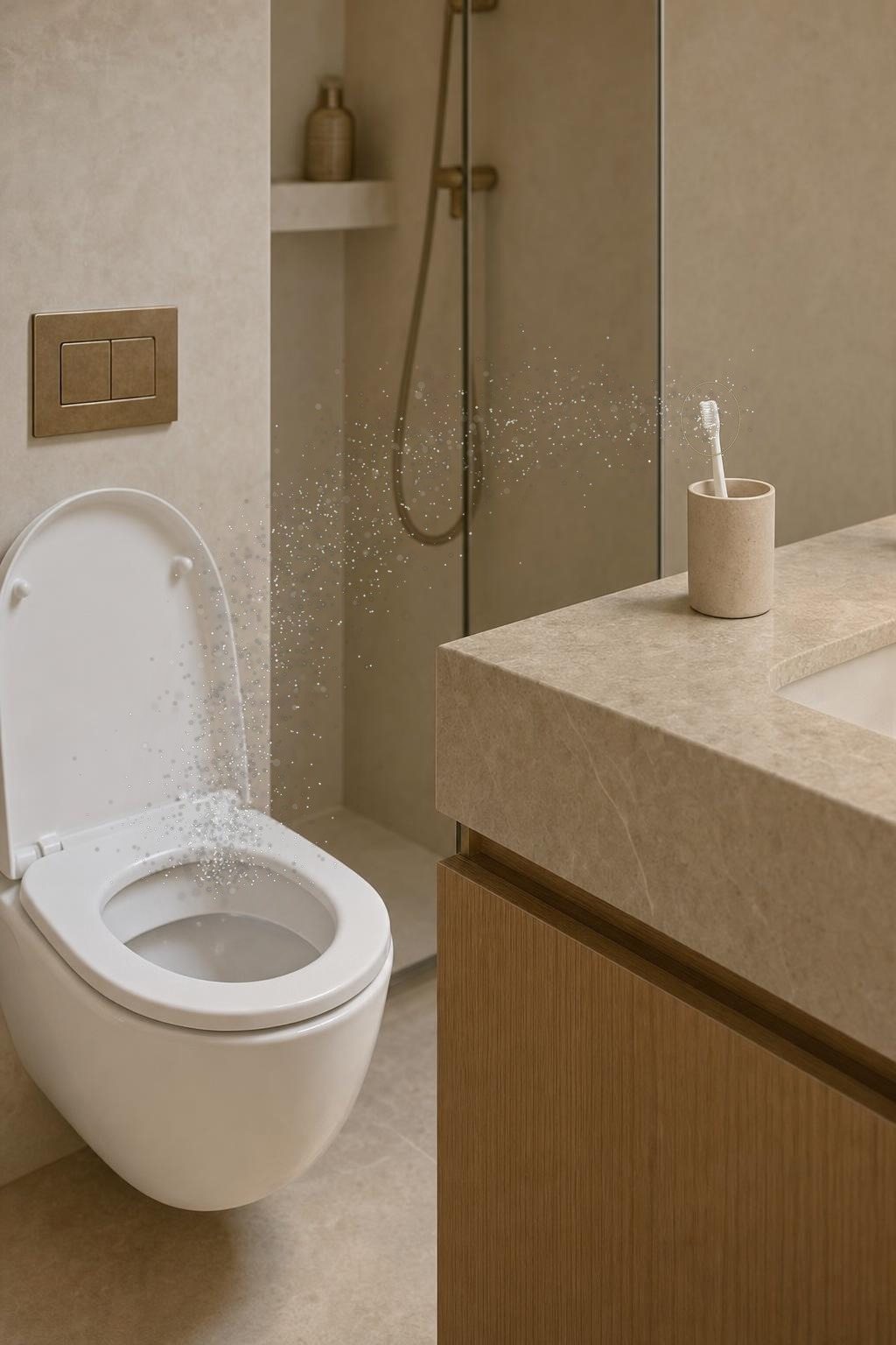 Fine droplets rising from the toilet towards the toothbrush