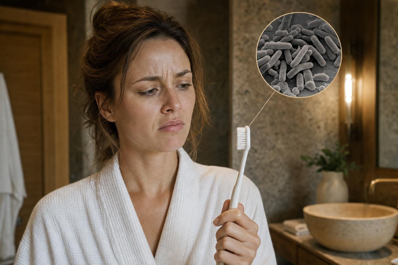 A woman looking at her toothbrush, with bacteria shown under a magnifier
