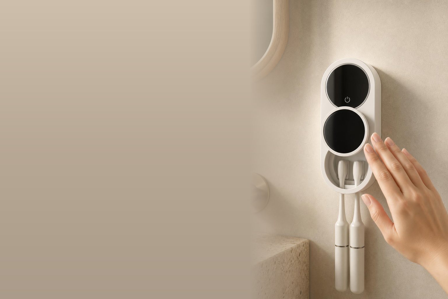 A hand opening BRUSÉ Duo on the wall