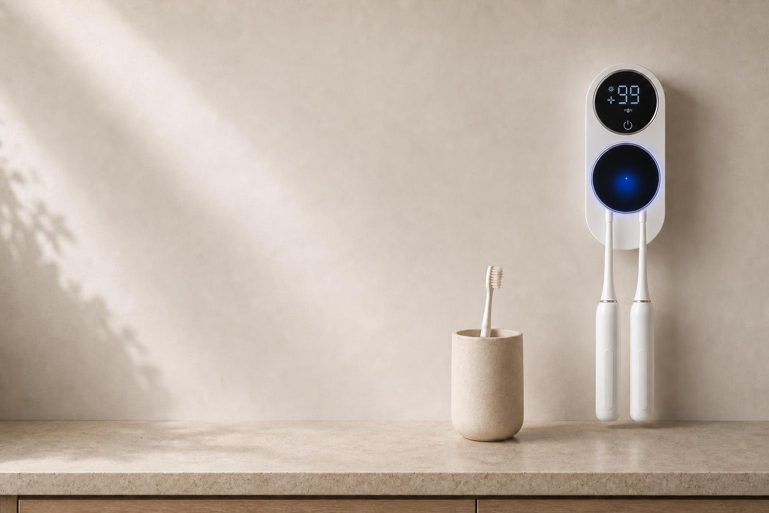 BRUSÉ Duo running its cycle on a bathroom wall, toothbrushes inside